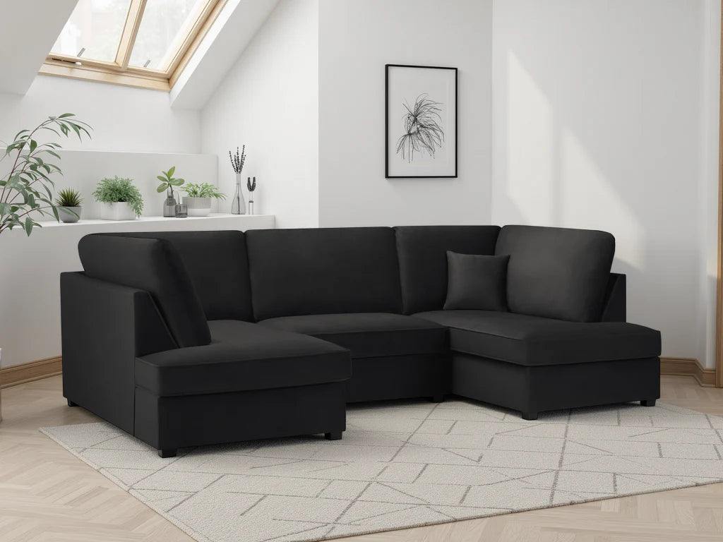 Carnaby Sofa U Shape Corner in Black Plush Fabric