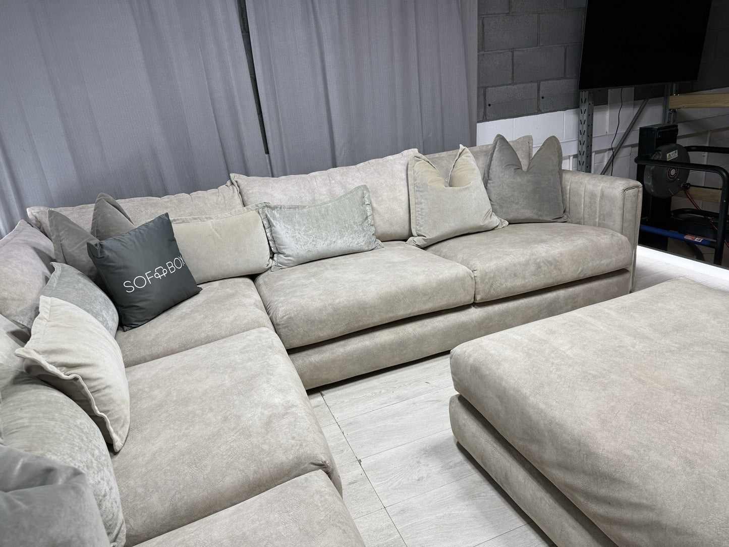 DFS Devine Large Corner Sofa & Footstool In Oatmeal