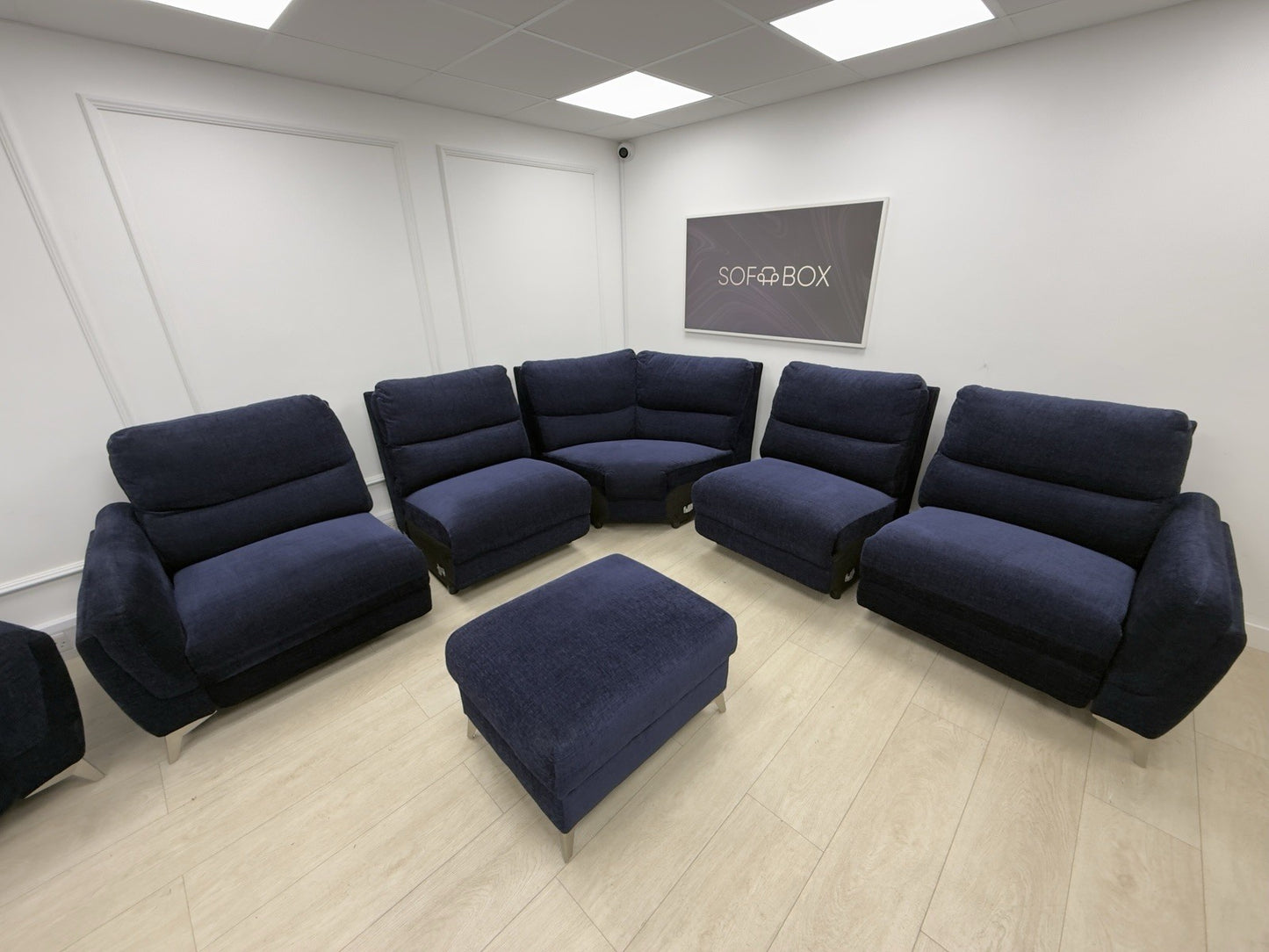 DFS Power Recliner Corner Sofa And Chair Set In Navy Blue Fabric