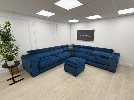 DFS Wander Recliner Corner Sofa Bed Footstool In Blue Velvet