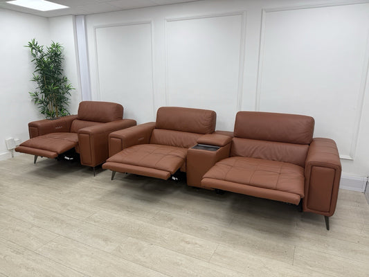 DFS Showcase 3 Seater Sofa With Smart Console & Armchair In Cinnamon Leather