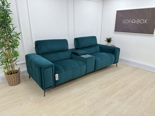 DFS Showcase Power Recliner 3 Seater Cinema Sofa In Teal Velvet Fabric