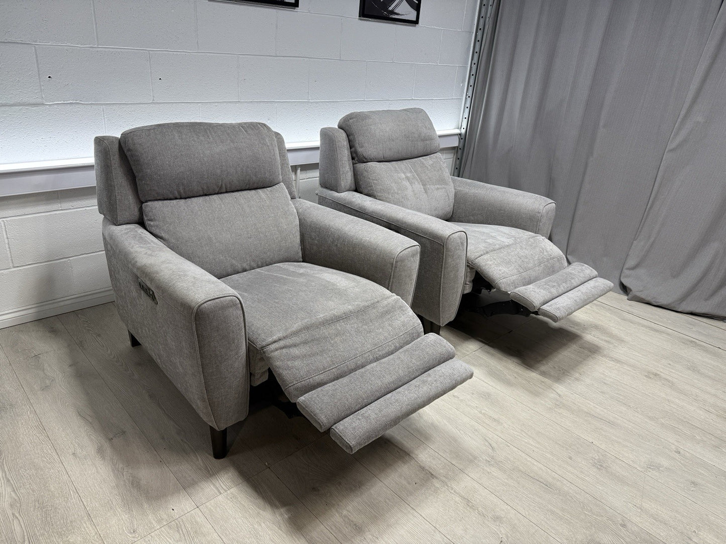 Furniture Village Zen Power Recliner Chair Set X2 In Herringbone Grey Fabric