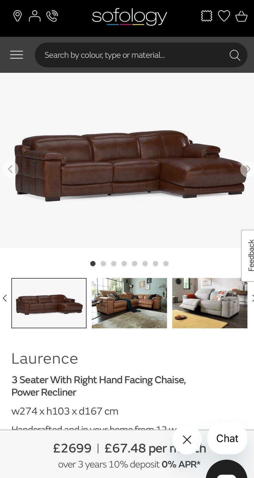 Sofology Laurence 3 Seater Recliner Chaise Sofa In Mahogany Brown Leather
