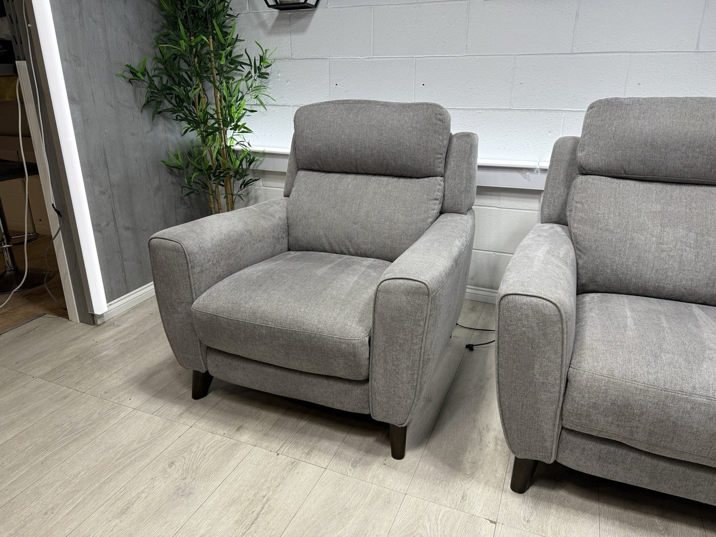 Furniture Village Zen Power Recliner Chair Set X2 In Herringbone Grey Fabric