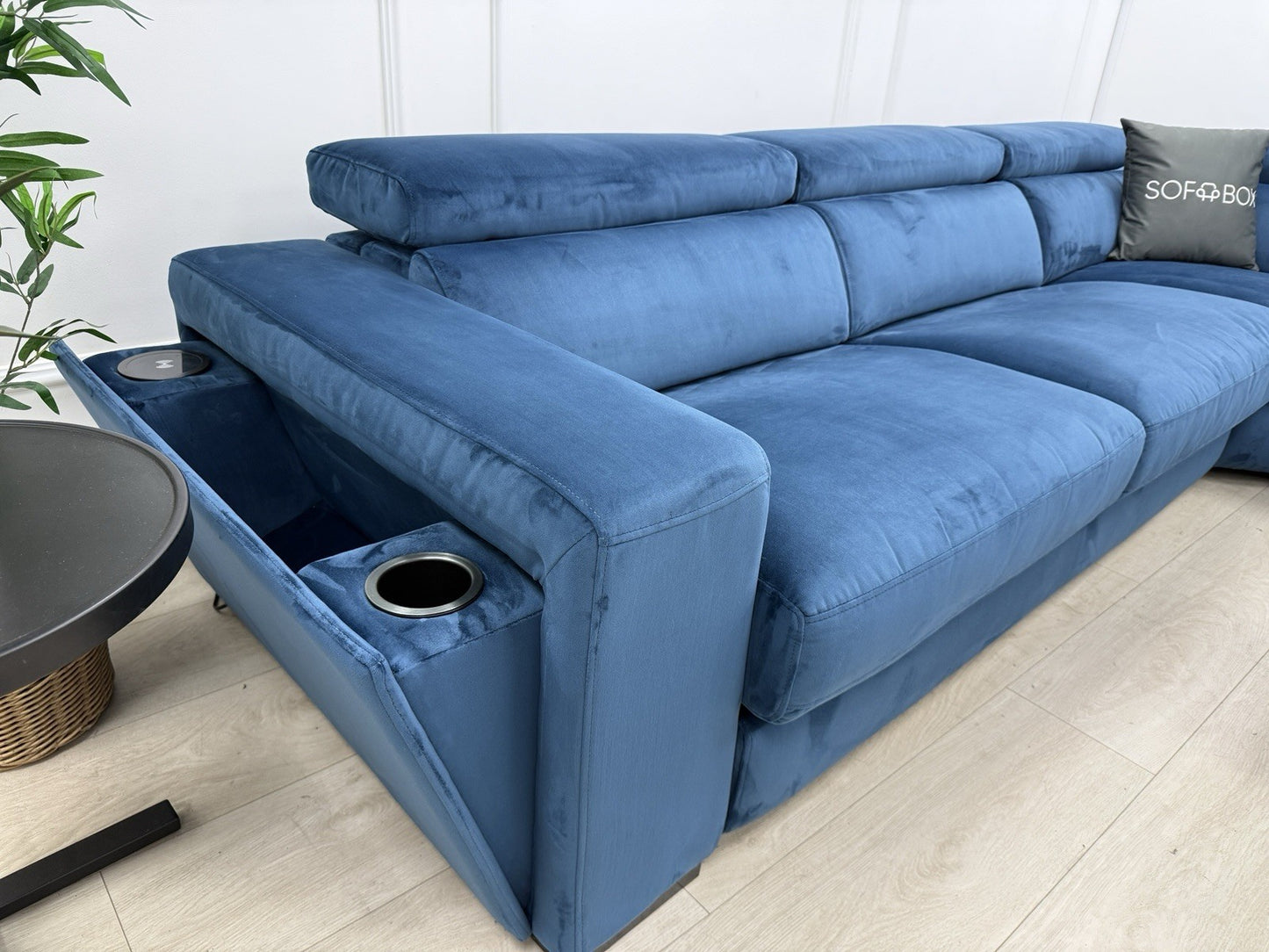 DFS Wander Recliner Corner Sofa Bed Footstool In Blue Velvet