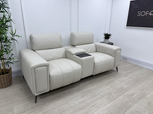 DFS Showcase 2 Seater Cinema Power Recliner Sofa With Console In Frost Leather