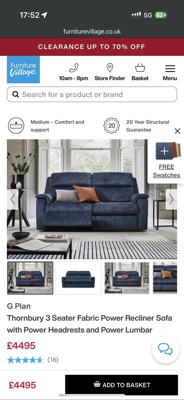 G Plan Thornbury 3 Seater & Chair Set With Power Recliner, Lumbar, Headrest Blue