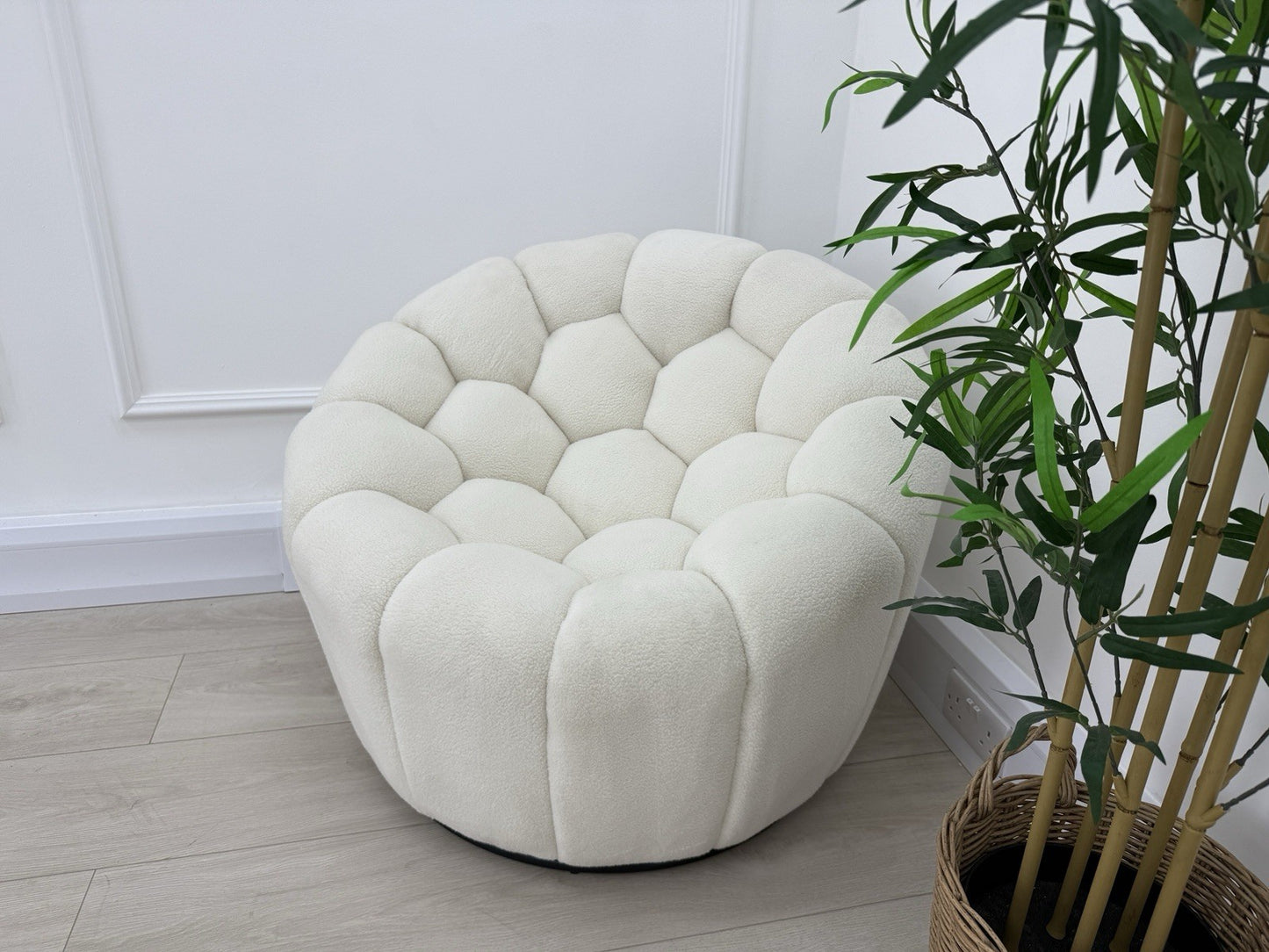DFS Honeycomb Swivel Accent Chair In White Teddy Fabric