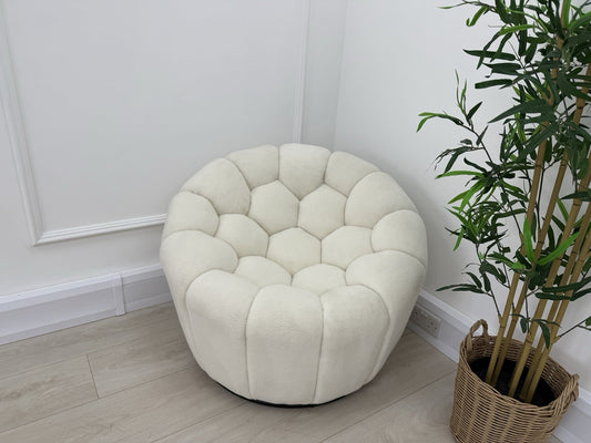 DFS Honeycomb Swivel Accent Chair In White Teddy Fabric