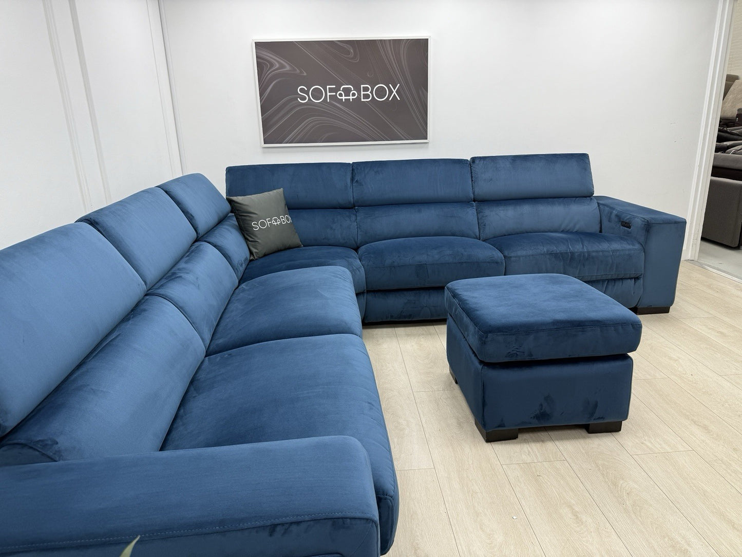 DFS Wander Recliner Corner Sofa Bed Footstool In Blue Velvet