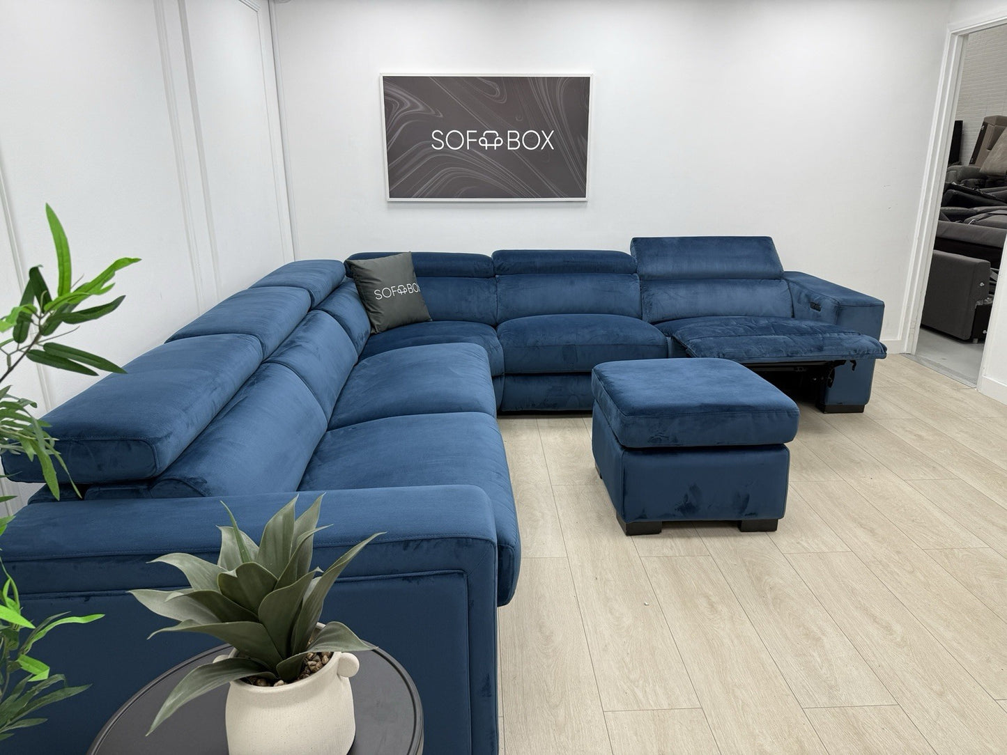DFS Wander Recliner Corner Sofa Bed Footstool In Blue Velvet