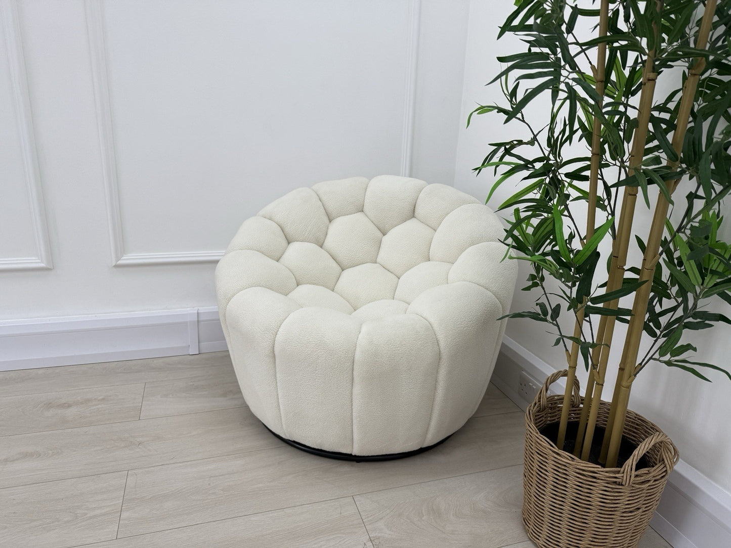 DFS Honeycomb Swivel Accent Chair In White Teddy Fabric