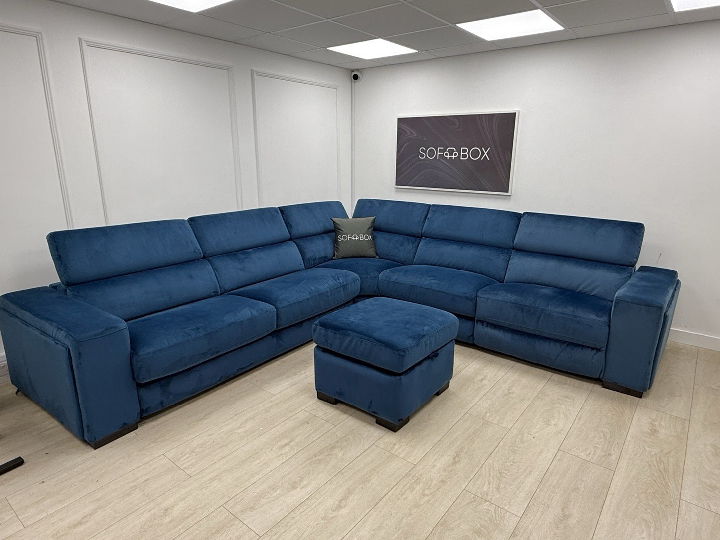DFS Wander Recliner Corner Sofa Bed Footstool In Blue Velvet
