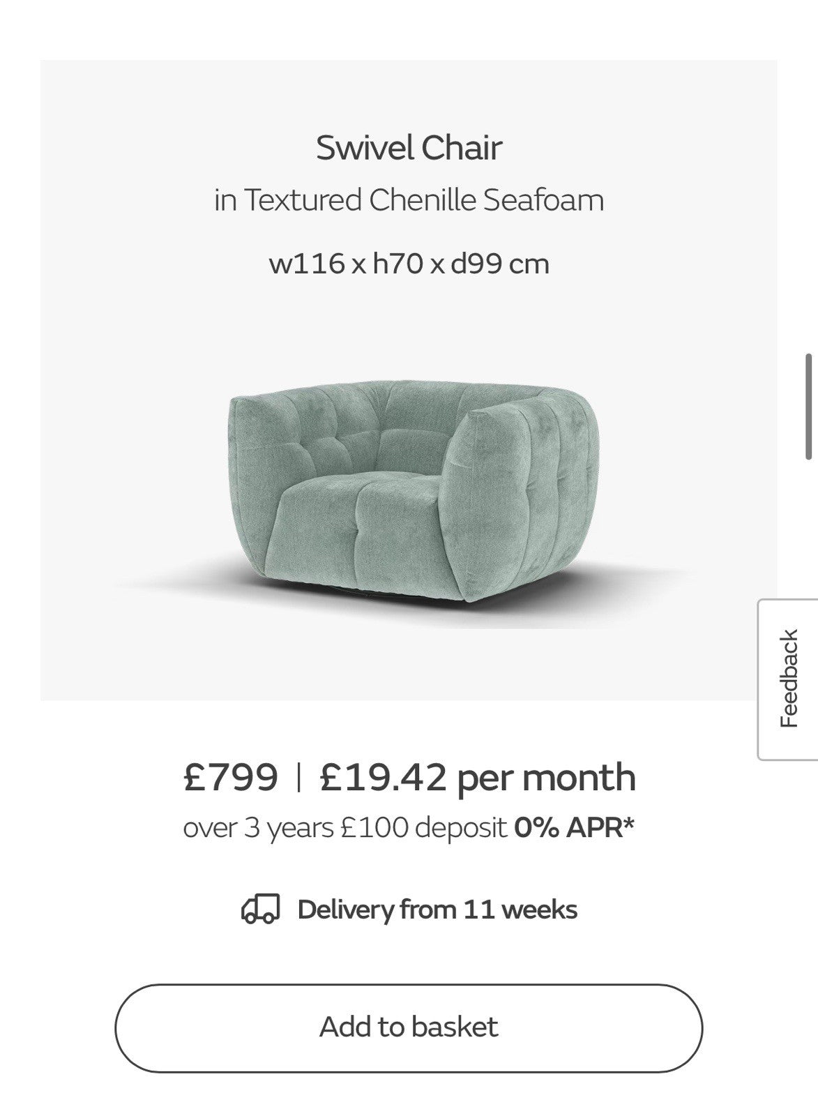 Sofology Lunar Swivel Chair In Textured Chenille Seafoam