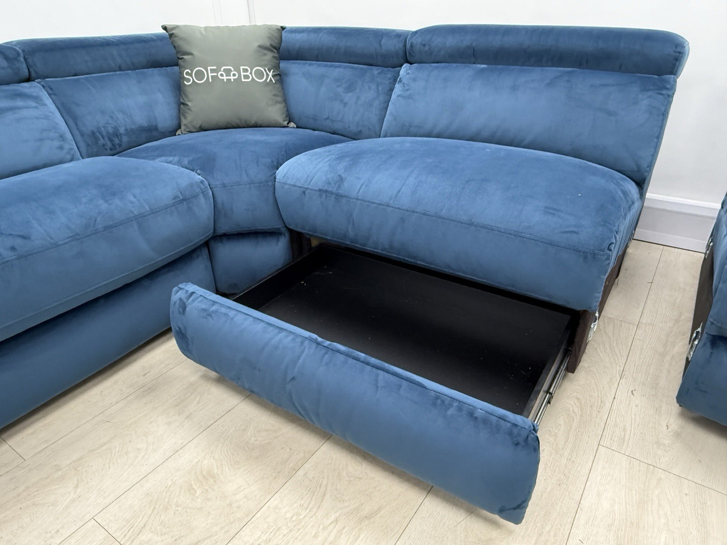 DFS Wander Recliner Corner Sofa Bed Footstool In Blue Velvet