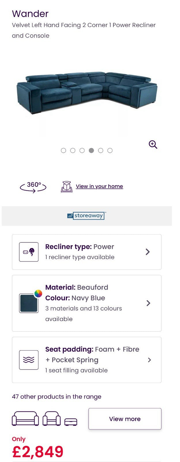 DFS Wander Power Recliner Corner Sofa In Blue Velvet