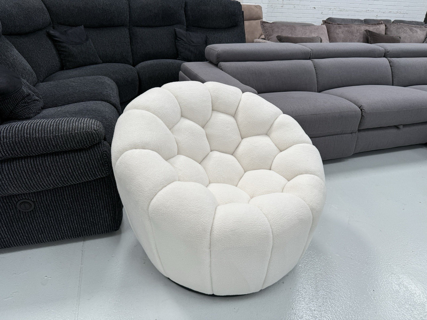 DFS Honeycomb Swivel Accent Chair In White Teddy Fabric
