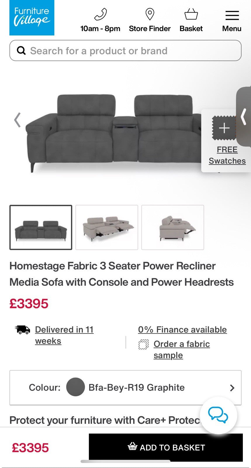 Furniture Village Homestage Fabric 3 Seater Power Recliner Sofa,Media/Headrests