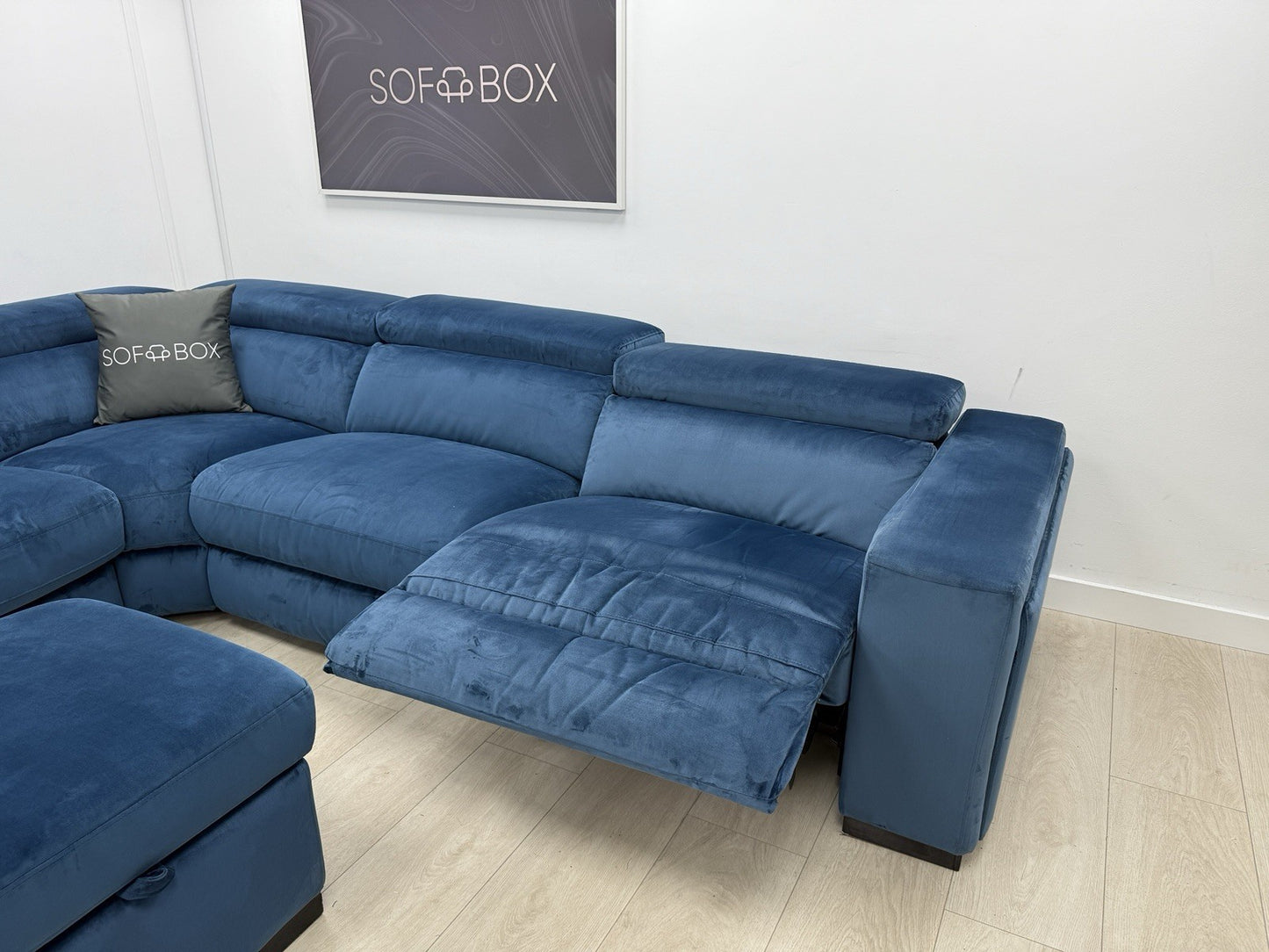DFS Wander Recliner Corner Sofa Bed Footstool In Blue Velvet