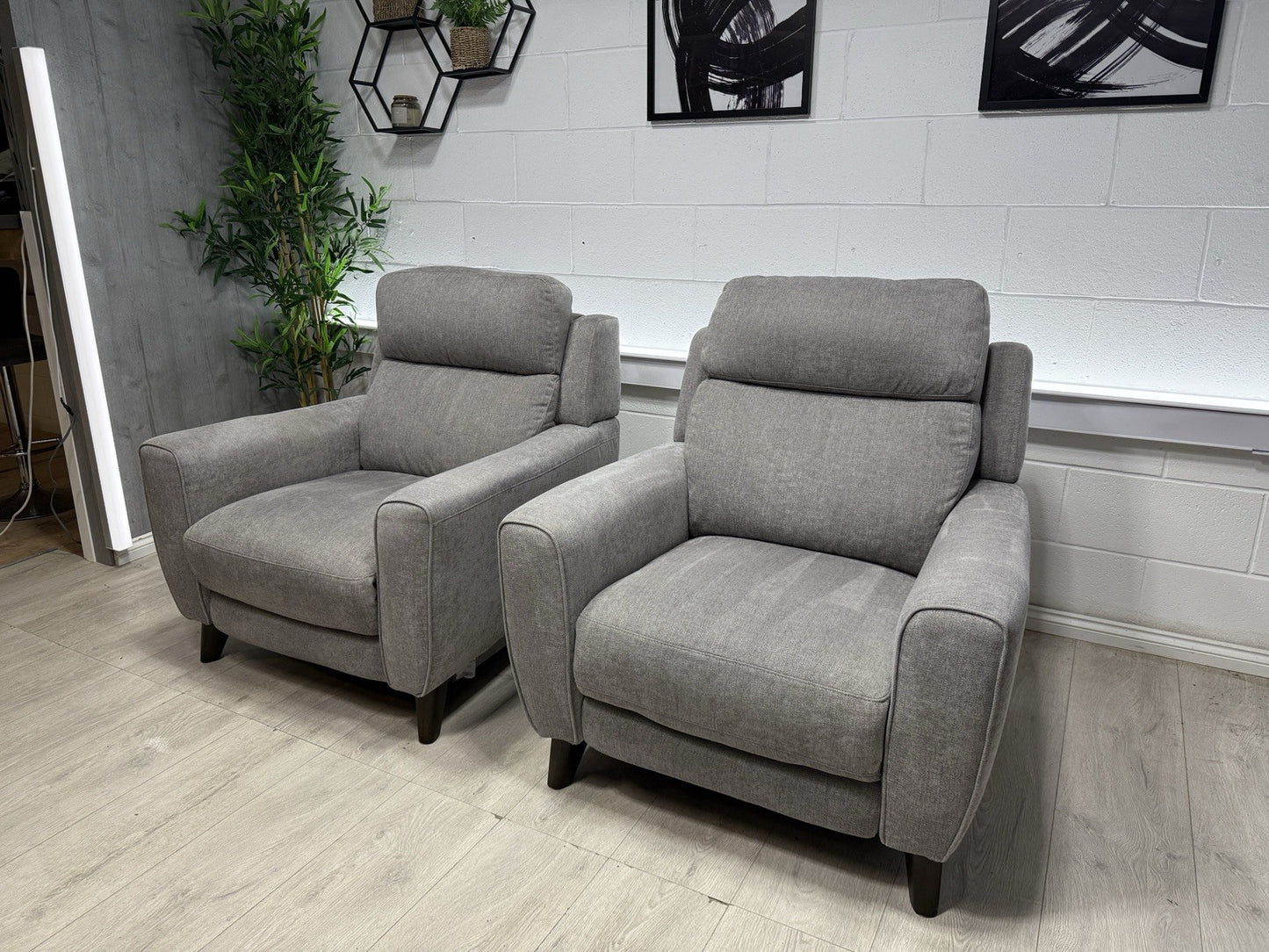 Furniture Village Zen Power Recliner Chair Set X2 In Herringbone Grey Fabric
