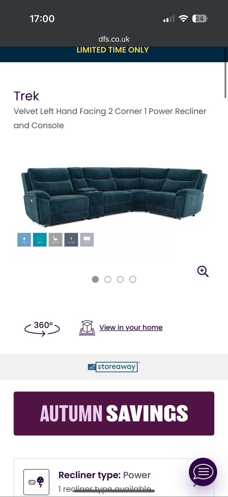 DFS Trek Velvet Corner Sofa In Blue