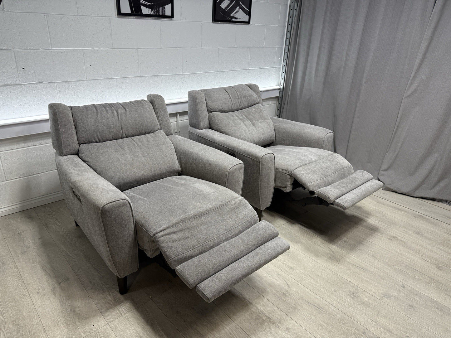 Furniture Village Zen Power Recliner Chair Set X2 In Herringbone Grey Fabric