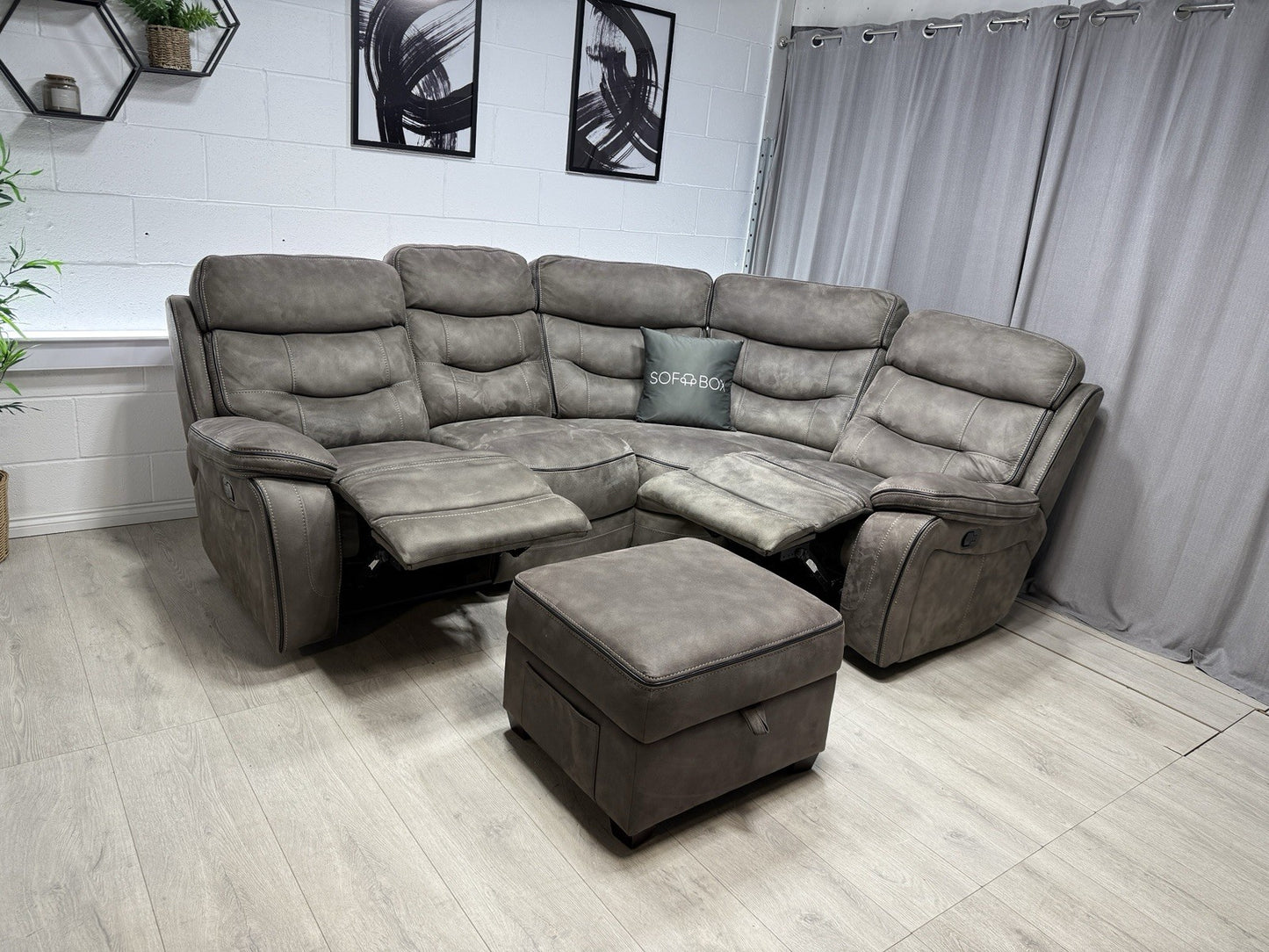DFS Noah Manual Recliner Corner Sofa & Footstool In Grey Fabric