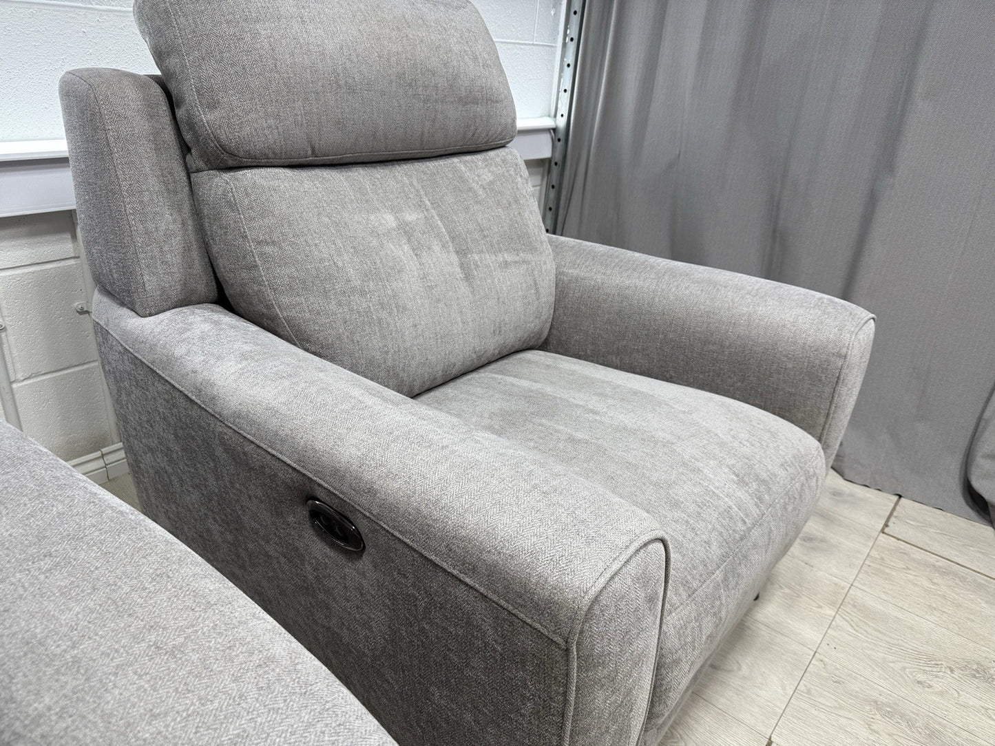 Furniture Village Zen Power Recliner Chair Set X2 In Herringbone Grey Fabric