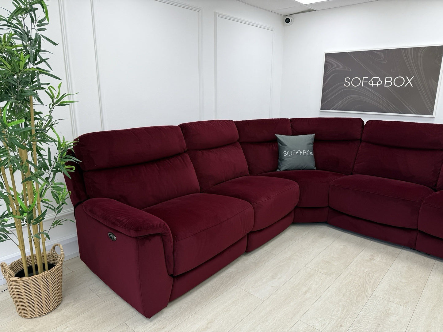 DFS Ronan Velvet Power Recliner Corner Sofa In Plum