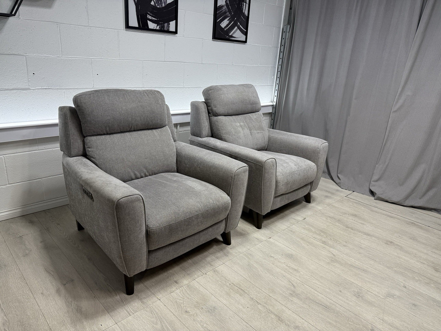 Furniture Village Zen Power Recliner Chair Set X2 In Herringbone Grey Fabric