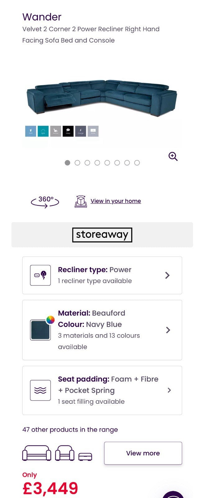 DFS Wander Velvet Power Recliner 3 Corner Sofa Bed 2 In Navy Blue