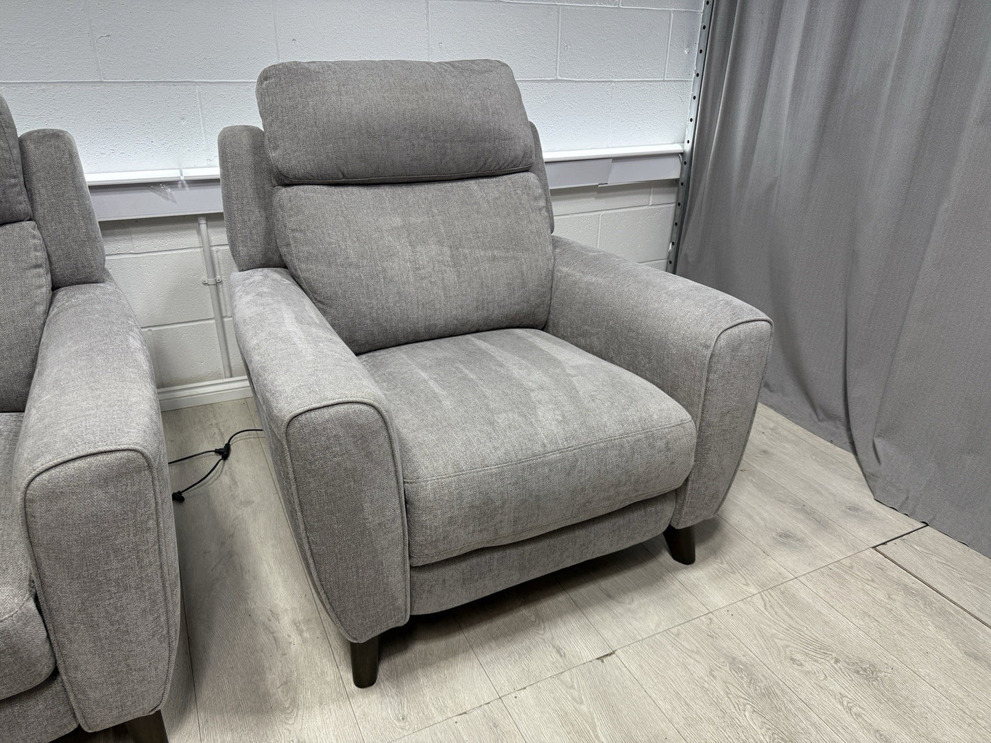 Furniture Village Zen Power Recliner Chair Set X2 In Herringbone Grey Fabric