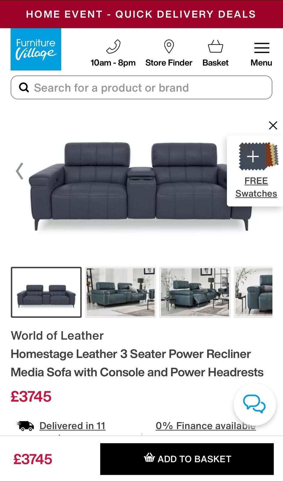 Furniture Village World Of Leather Homestage 3 Seater Power Recliner With Media