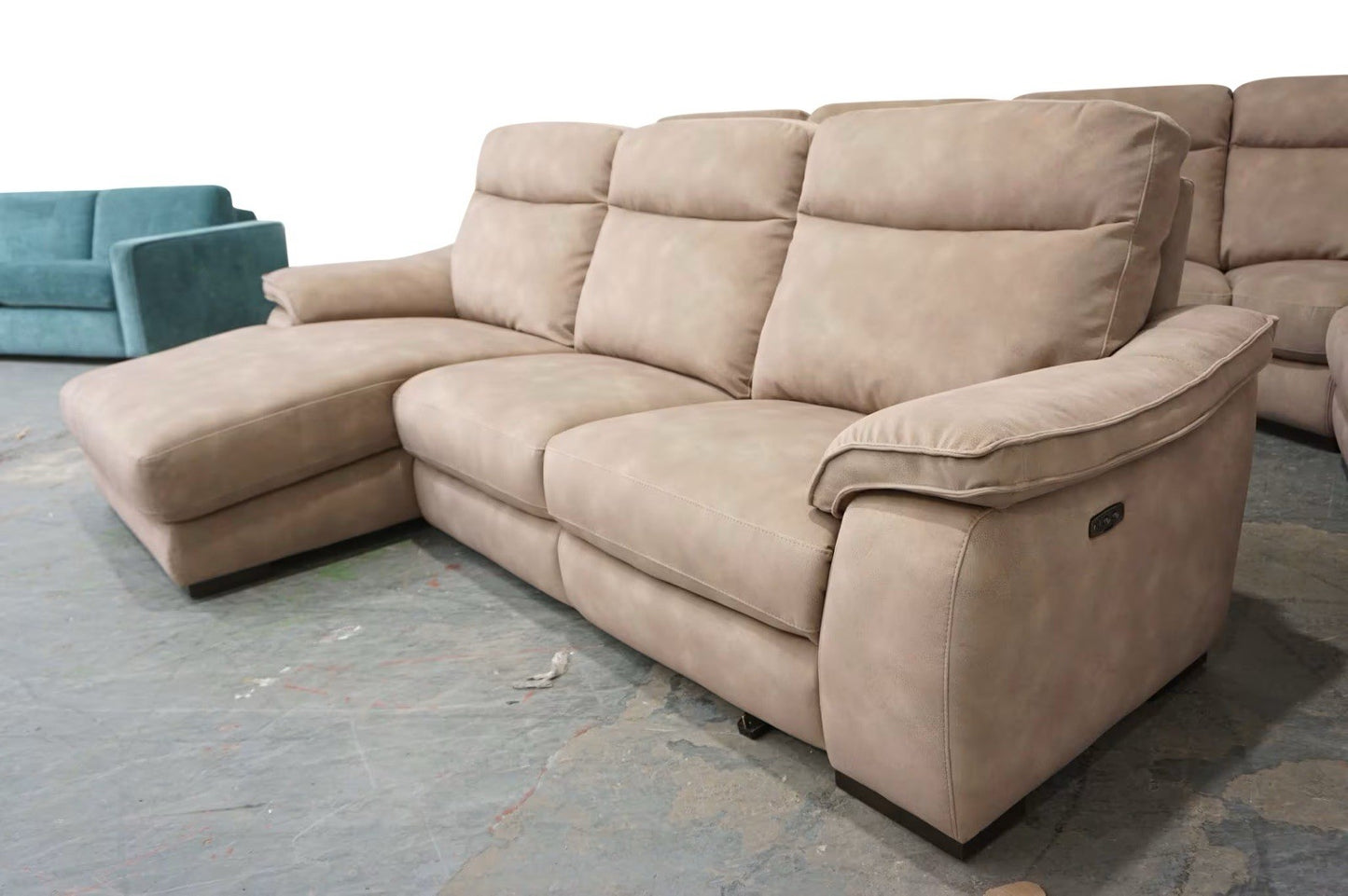 Fishpools Caruso 3 Seater Chaise Power Recliner Sofa In Sand Fabric
