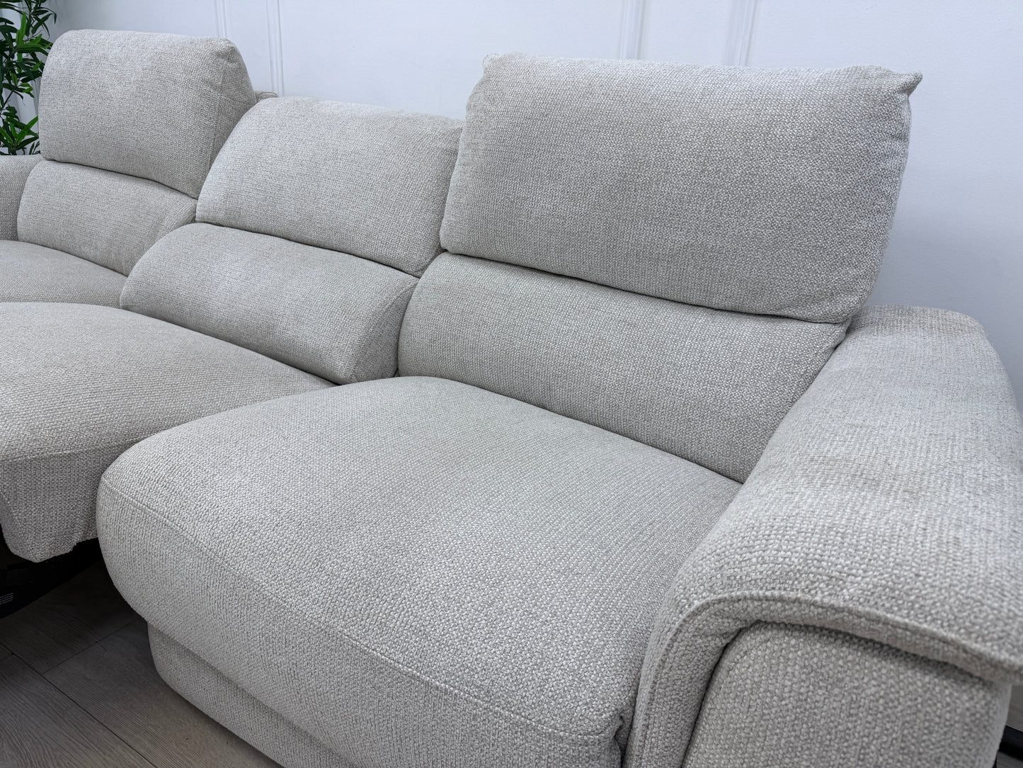 DFS Arwen 3 Seater Chaise L Shape Power Recliner Sofa In Oyster Fabric