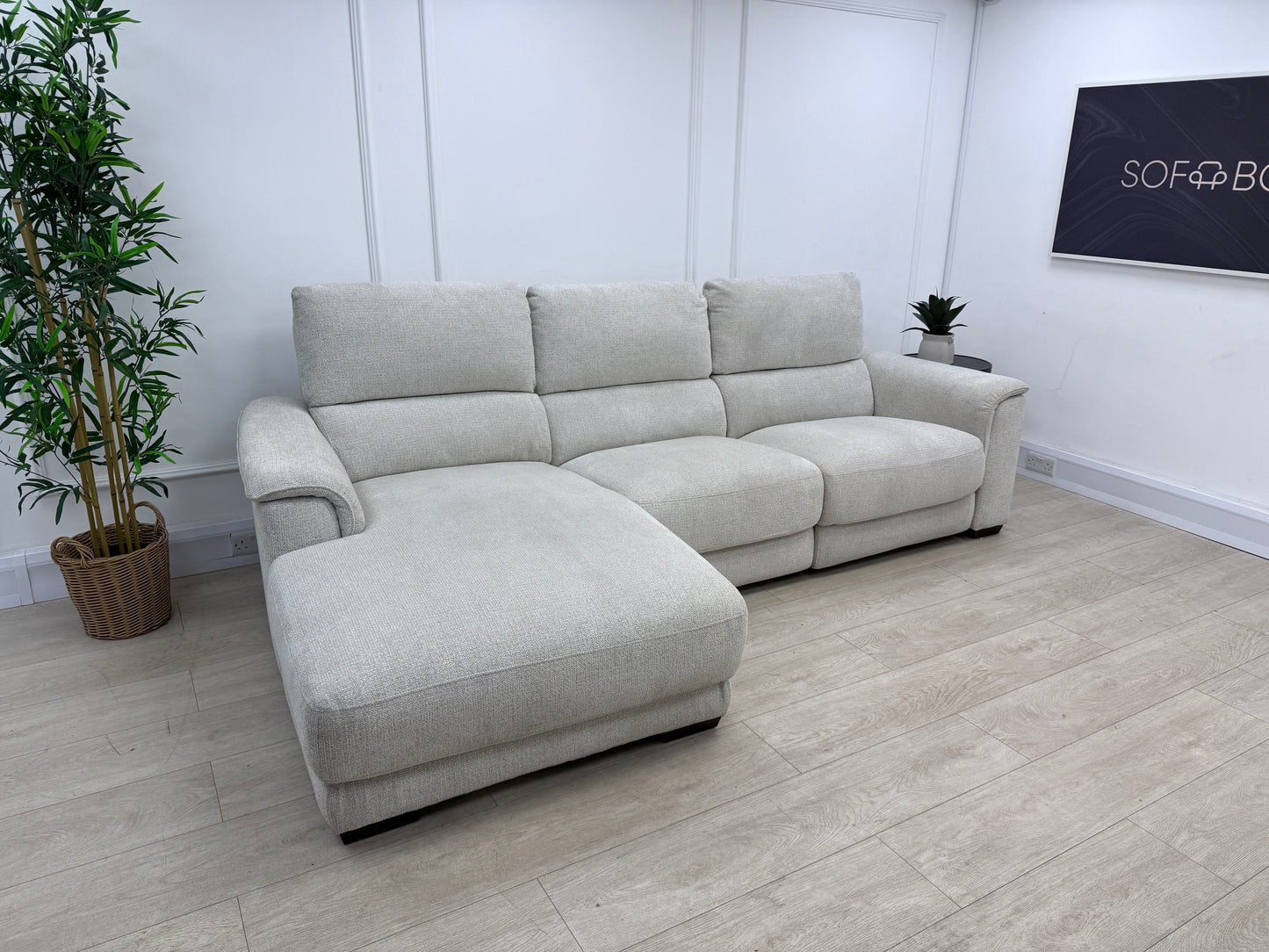 DFS Arwen 3 Seater Chaise L Shape Power Recliner Sofa In Oyster Fabric