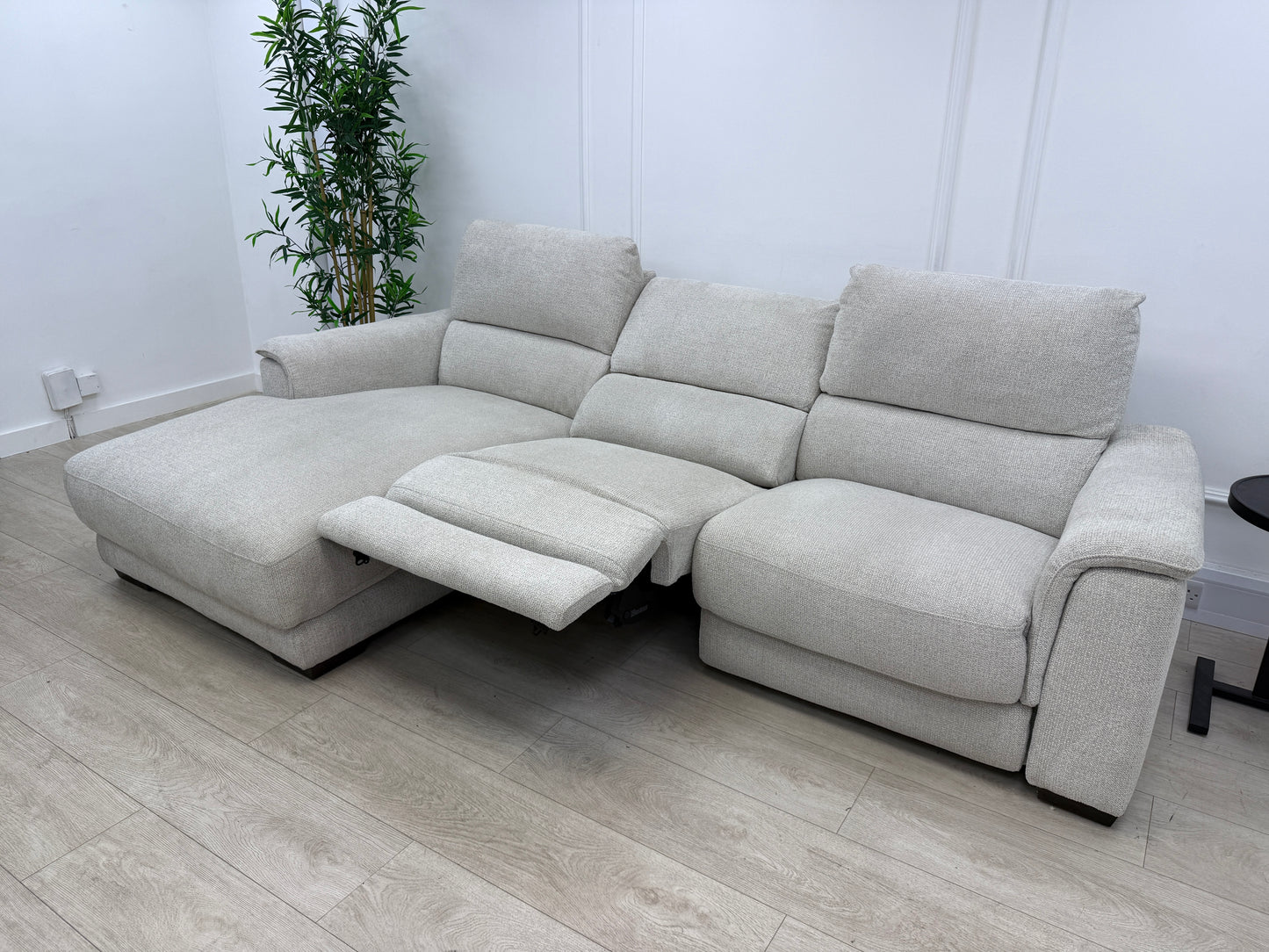 DFS Arwen 3 Seater Chaise L Shape Power Recliner Sofa In Oyster Fabric