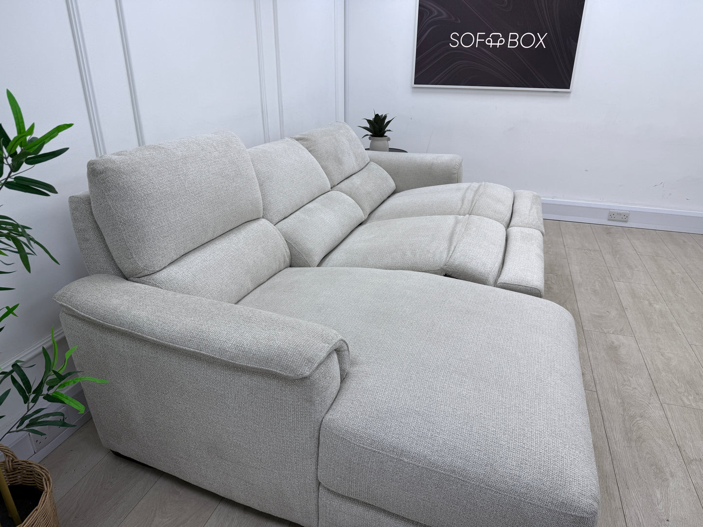DFS Arwen 3 Seater Chaise L Shape Power Recliner Sofa In Oyster Fabric