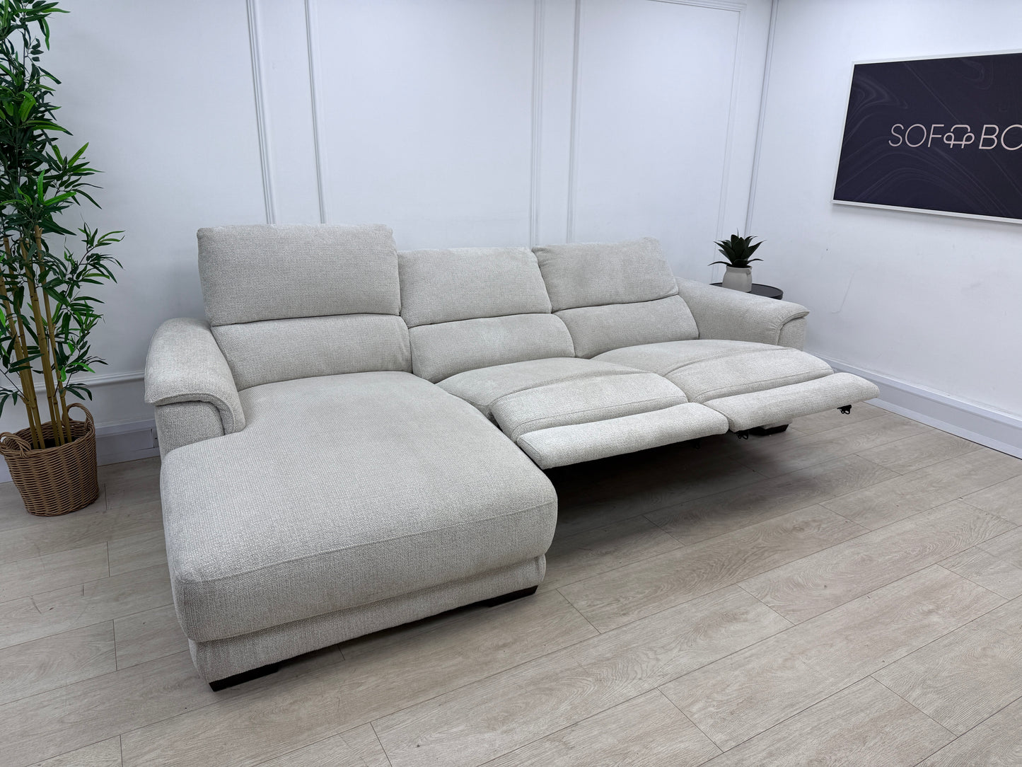 DFS Arwen 3 Seater Chaise L Shape Power Recliner Sofa In Oyster Fabric
