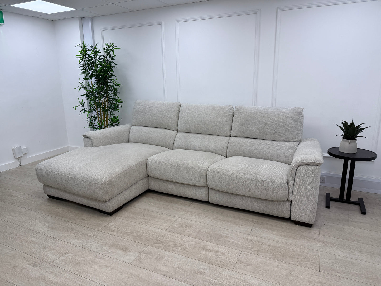 DFS Arwen 3 Seater Chaise L Shape Power Recliner Sofa In Oyster Fabric