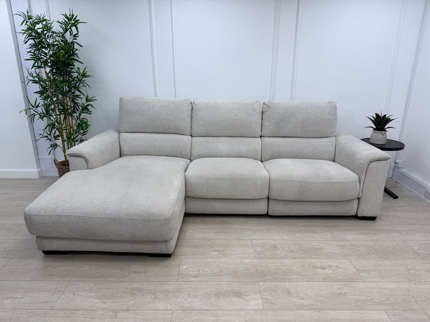 DFS Arwen 3 Seater Chaise L Shape Power Recliner Sofa In Oyster Fabric