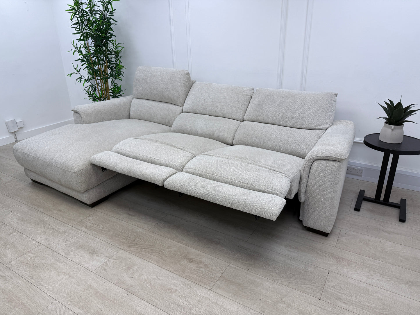 DFS Arwen 3 Seater Chaise L Shape Power Recliner Sofa In Oyster Fabric