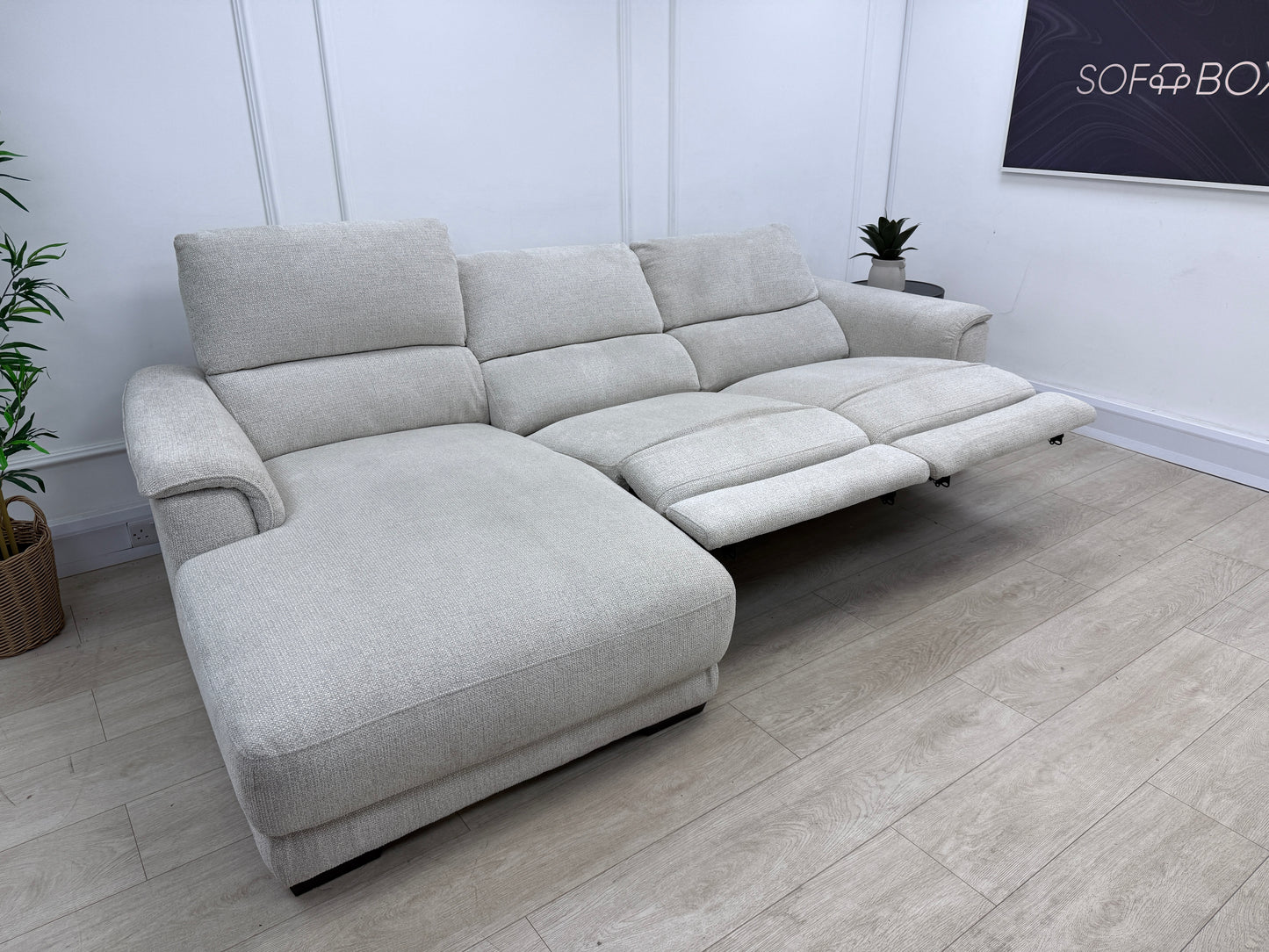 DFS Arwen 3 Seater Chaise L Shape Power Recliner Sofa In Oyster Fabric