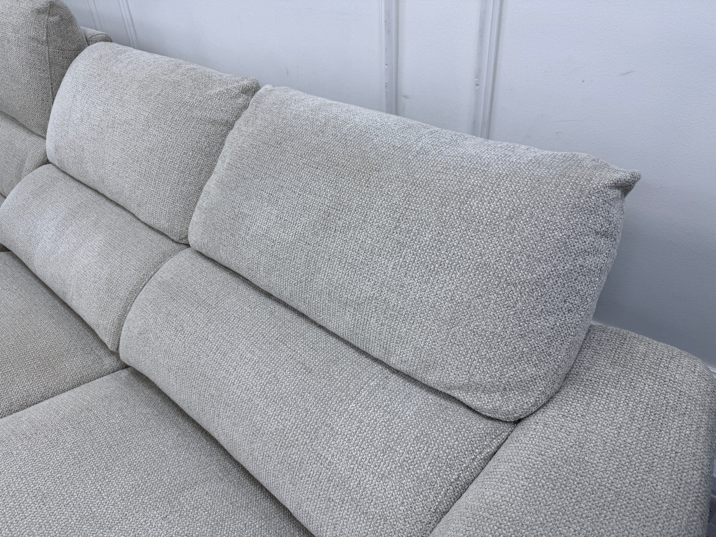DFS Arwen 3 Seater Chaise L Shape Power Recliner Sofa In Oyster Fabric