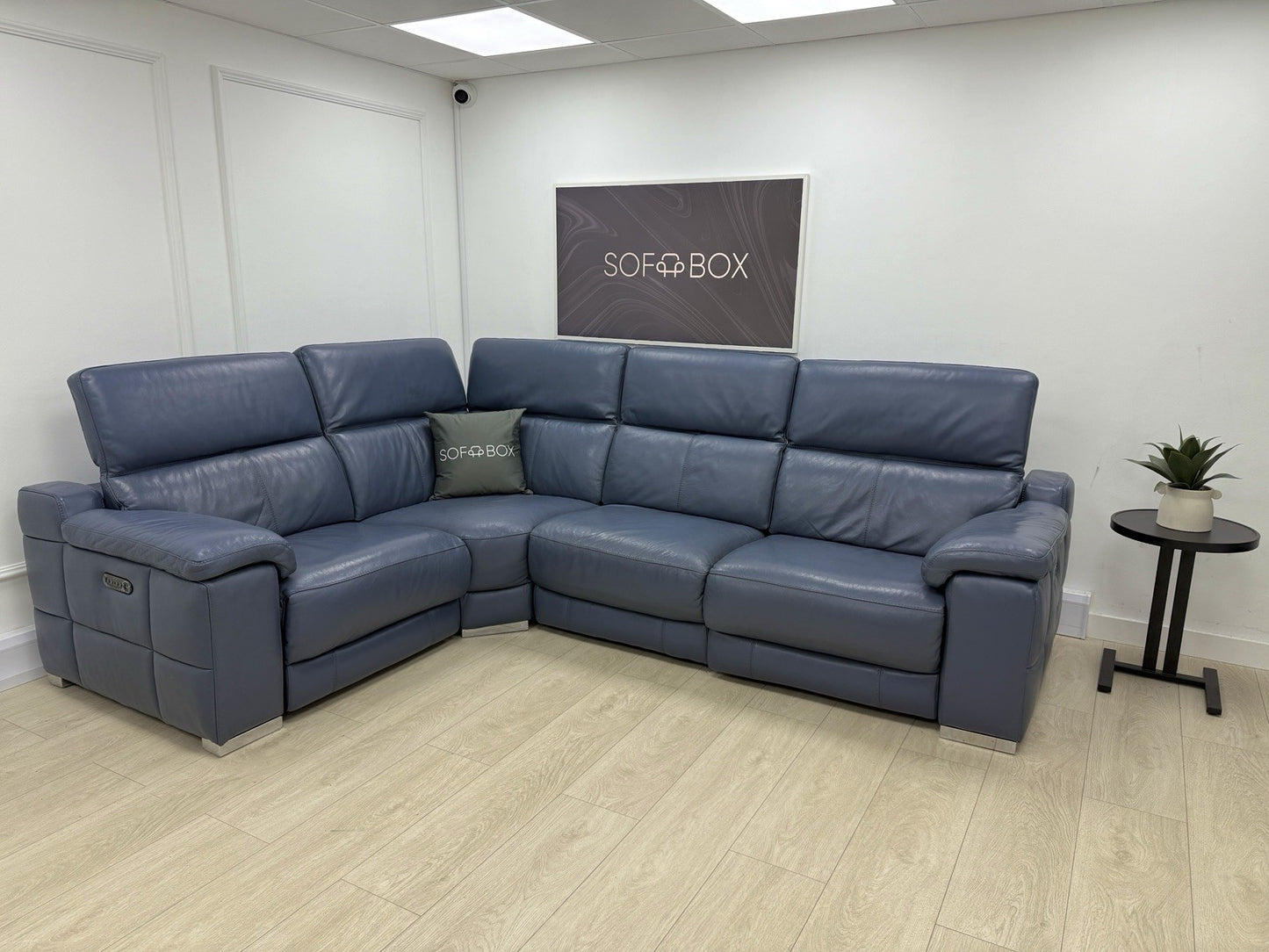 Sofology Laurence Power Recliner Corner Sofa In Smoke Blue Leather