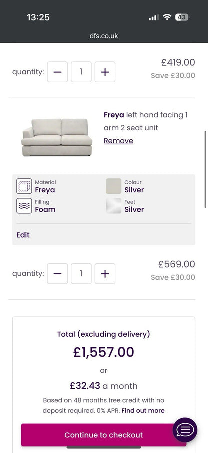 DFS Freya Corner Sofa 2c2 In Silver