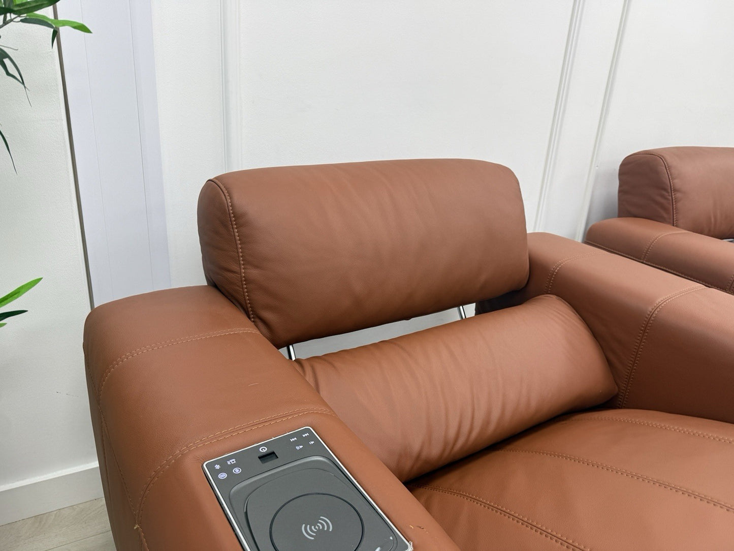 DFS Showcase 3 Seater Sofa With Smart Console & Armchair In Cinnamon Leather