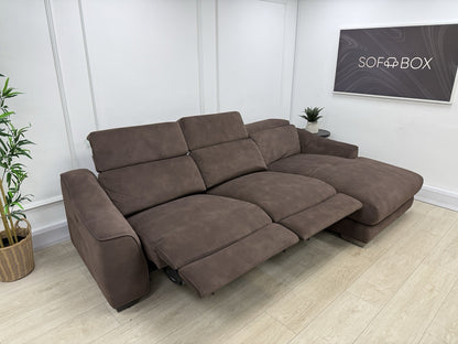 Furniture Village Xavier 3 Seater Chaise Sofa Power Recliner/Headrests In Brown Fabric