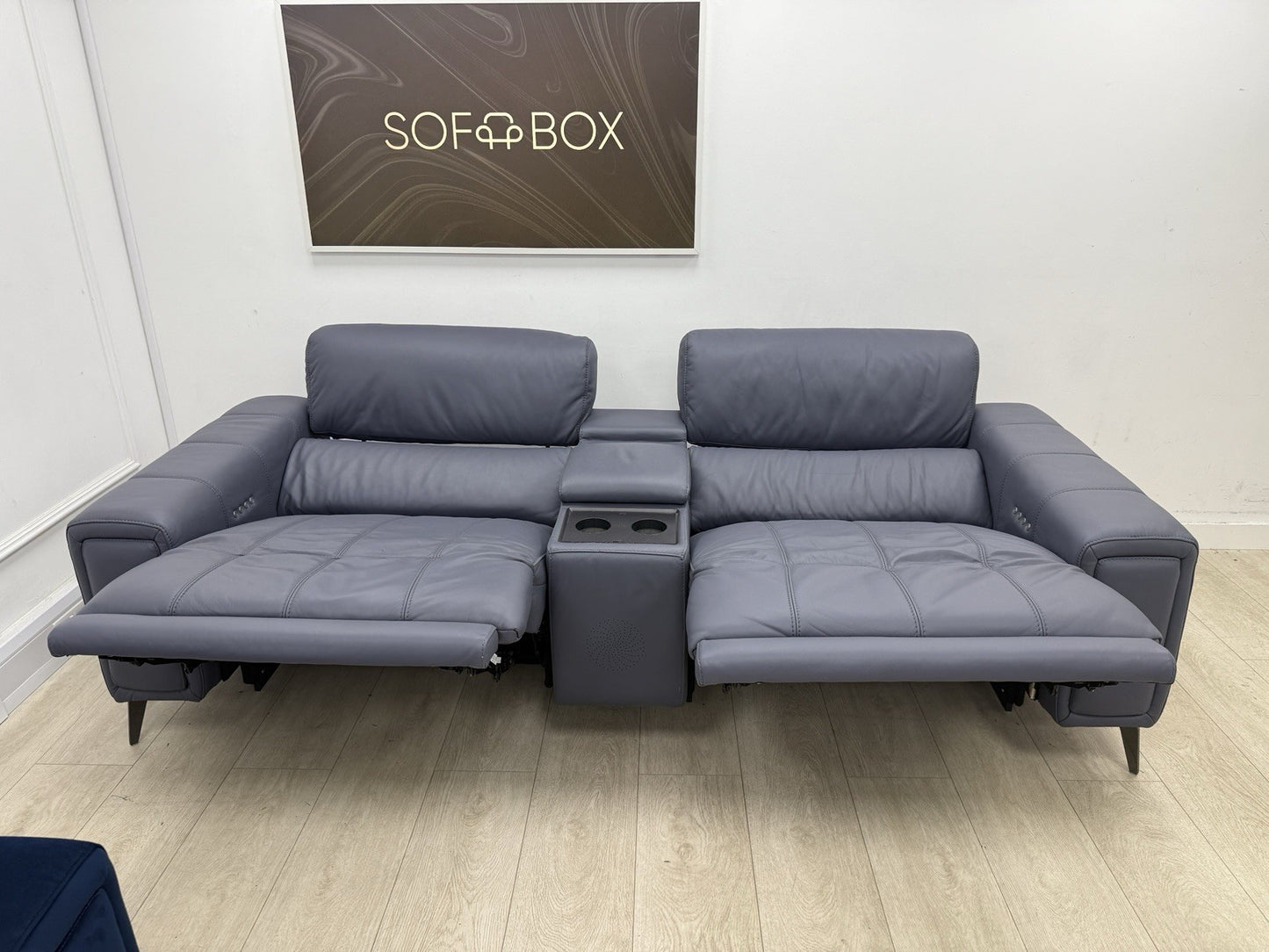 DFS Showcase 3 Seater Power Recliner Cinema Sofa In Denim Leather Fabric